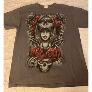 Grim Reaper Pretty Girl Skull Rose T-Shirt Gilden XL Horror Halloween Gray Grung
